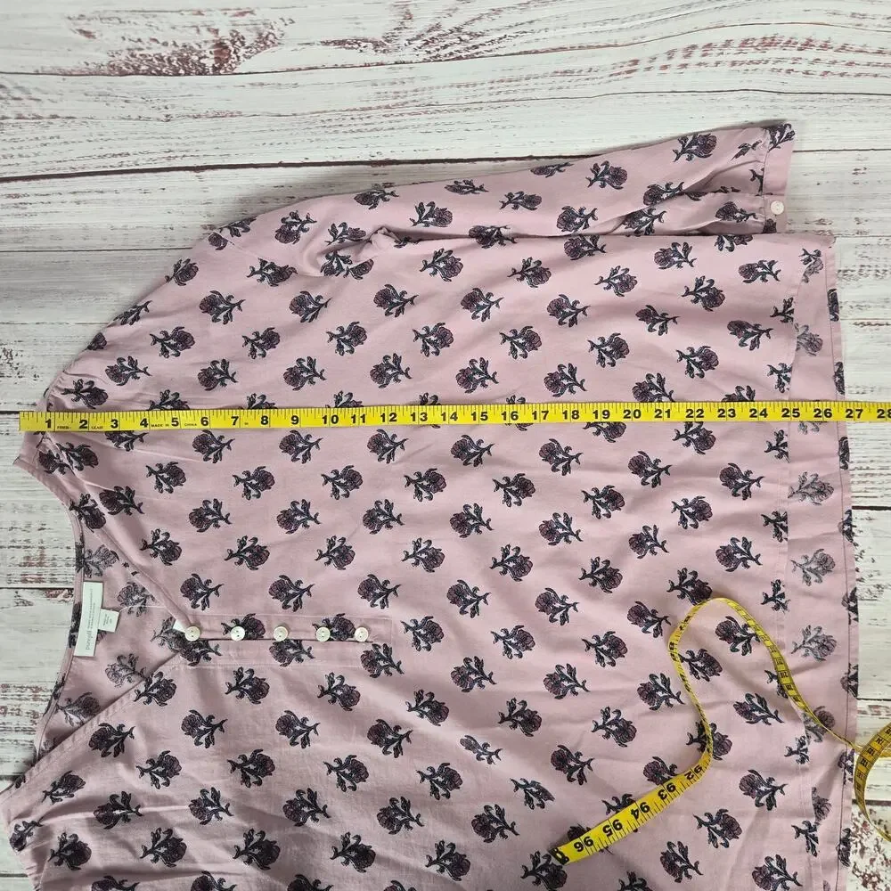 Pure Jill Pink Organic Cotton Top 2X V-Neck ButtonTop Floral Cottage Casual NWT